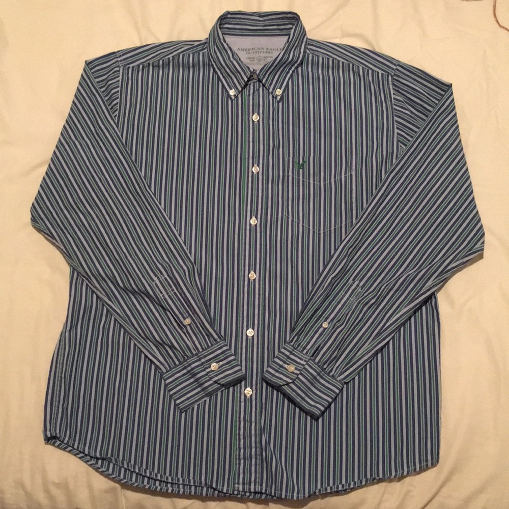 American eagle blue/green striped button up large